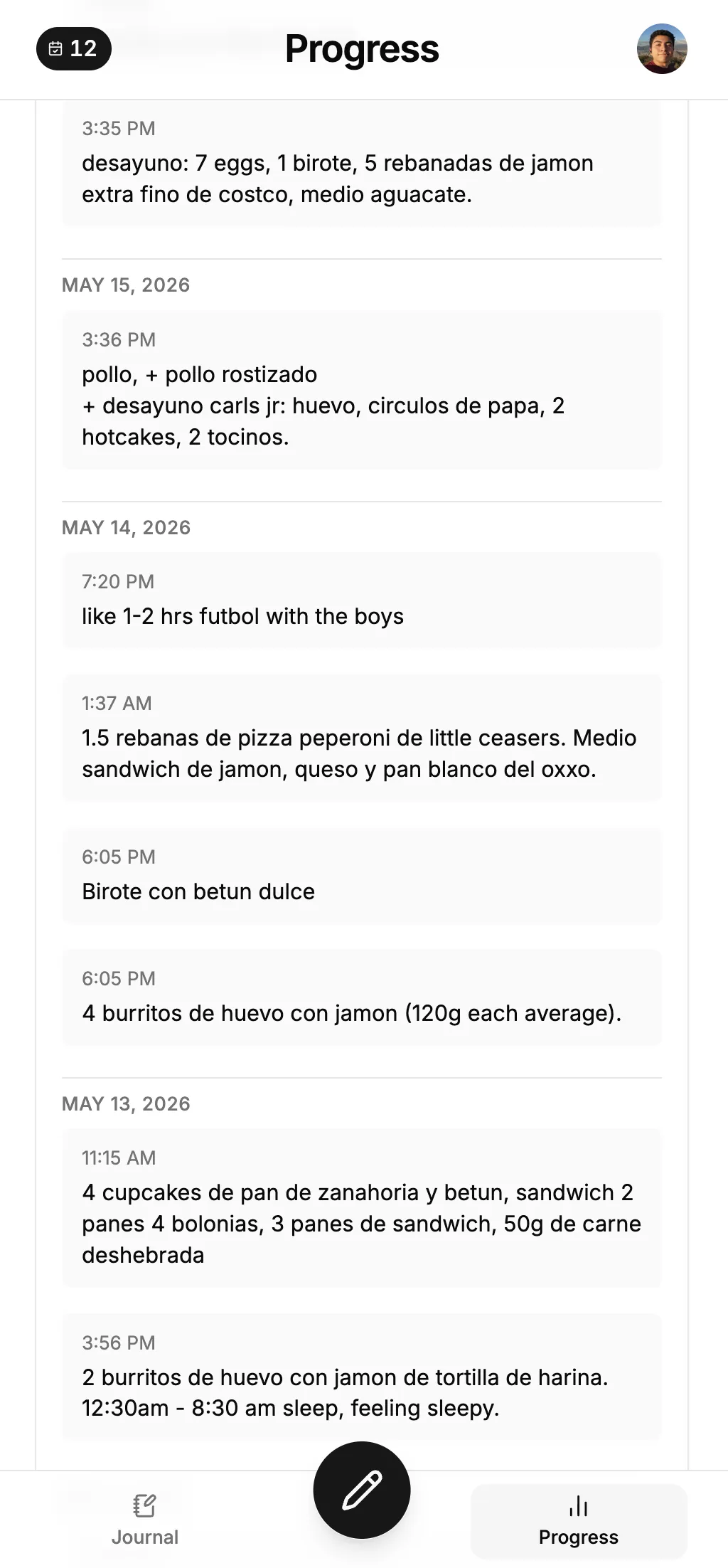 Three days of journal entries showing repeated junk food meals