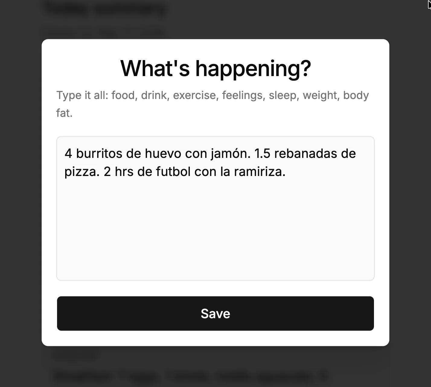 Alimenta quick-add screen with a plain-text journal entry